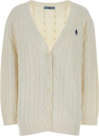 Prada White Logo V Neck Cardigan