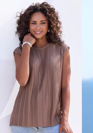 Lascana Pliseetop LASCANA, Damen, Gr. 32/34, taupe, Jersey, Obermaterial: 65% Polyester, 35% Viskose, unifarben, l&auml;ssig geschnitten normal, Rundhals, Tops Pli