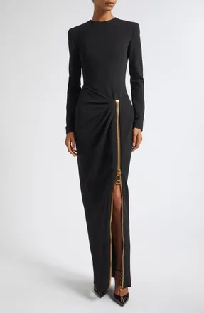 Balmain Long Sleeve Draped Zip Compact Jersey Maxi Dress in 0Pa Black at Nordstrom, Size 44