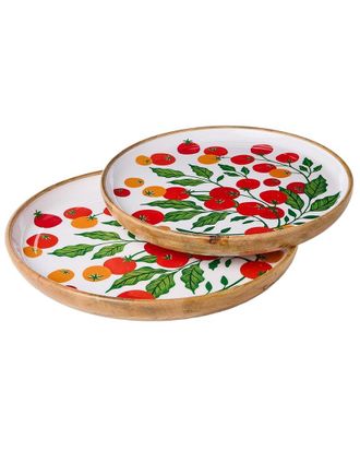 Two's Company Set Of 2 Garden Harvest Hand-Crafted Wooden Round Trays With Enamel