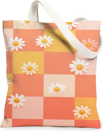 Generic Floral Chrysanthemum Canvas Tote Bags, Vintage Flower Pattern Reusable Grocery Bags, Lightweight Washable Shoulder Strap Ca, Peach, 13x15 Inch