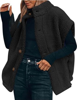 Generic Womens Fuzzy Sherpa Fleece Vest Thickened Plush Gilet Oversized Lightweight Trendy Sleeveless Jacket Vests Warm Button Down Cardigan Stand Collar Gile