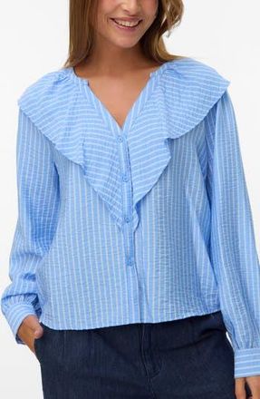 Vero Moda Kaja Frill Shirt in Vista Blue Stripes at Nordstrom Rack, Size X-Small