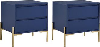 Vente-Unique Lote de 2 mesitas de noche con 2 cajones - MDF y metal - Azul lacado y dorado - KORASA de Pascal Morabito