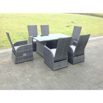 Fimous Dark Grey Mixed Outdoor Wicker Rattan Garden Furniture Reclining Chair And Table Dining Sets 6 Seater Rectangular Black Tempered Table - Fimous