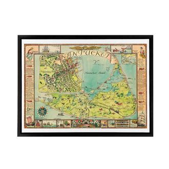 Artery8 Sutton 1946 Pictorial Map Nantucket Island Framed Canvas Wall Art Print | Size: W24 x H32