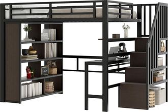 STILVORA Cama Alta 140 X 200 Cm Con Escritorio, Escalera De Almacenamiento Y Led, Sin Colch&oacute;n, De Metal, Negro