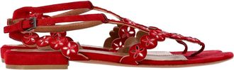Alaia Flower Lasercut Ankle Strap Flat Sandals in Red Suede