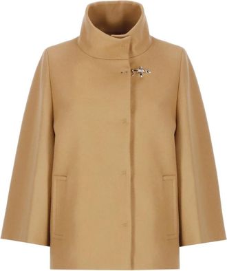 Fay Bruine Wollen Jas met Hoge Kraag - Dames - Zomerjassen - Bruin - L - Wol - Jassen