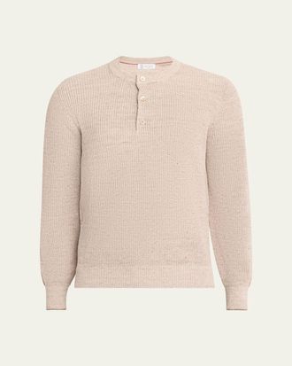 Brunello Cucinelli Mens Ribbed Linen Henley Sweater