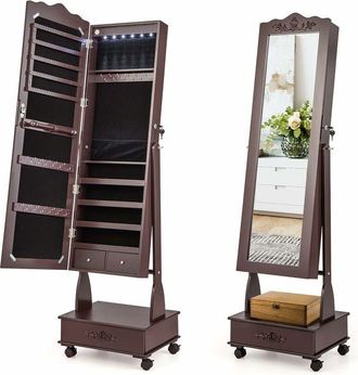 Costway Armadio per Gioielli da Terra con LED, Serratura, 4 Ruote e Specchio a Figura Intera, Angolo Regolabile in 3 Posizioni, per Soggiorno, Camera