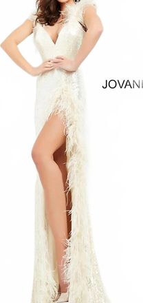 Jovani Sequin Feather Gown In Cream