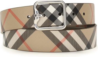 Burberry Mens Belt B Buckle Check Sand-Military-Silver Calf Leather Sand/military/silver