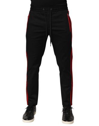 Dolce & Gabbana Mens Red Stripe Cotton Logo Jogger Sweatpants Pants Black And