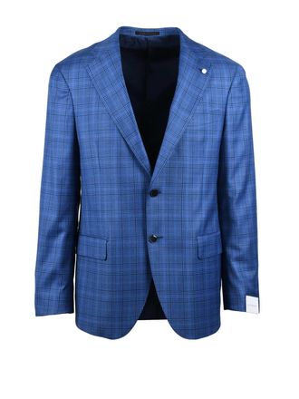Lubiam Checkered Blue Virgin Wool Blazer with Notch Lapels