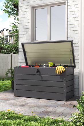 H&O Direct 350L Metal Outdoor Garden Storage Box Lockable in Grey