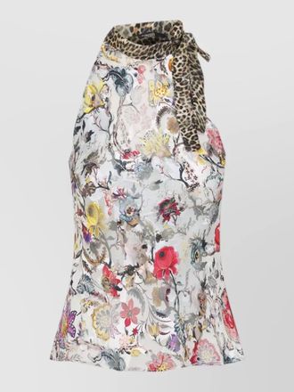 Roberto Cavalli florentine floral halterneck top leopard detail