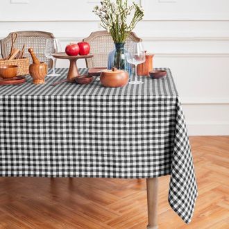 Solino Home Linen Tablecloth for Dining Table, Holiday and Everyday Dining Table Decor - Gingham Check in Black at Nordstrom, Size X-Small