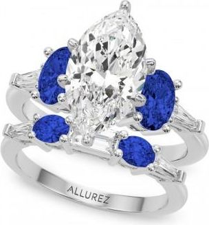 Allurez Marquise Lab Grown Diamond & Oval Blue Sapphire Bridal Set 14K White Gold (5.17ct)