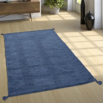 Paco Home Paco Home - Alfombra Dise&ntilde;o Kilim Tejida A Mano 100 % Algod&oacute;n Moderna Jaspeada Azul 160x220 Cm