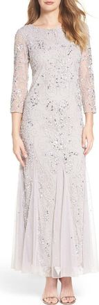 Pisarro Nights Illusion Sleeve Beaded A-Line Gown in Silver at Nordstrom, Size 10