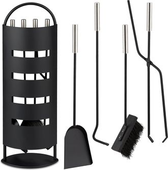 OEM Juego De Cubiertos Para Chimenea, 5 Piezas, Atizador, Pala Para Cenizas, Escoba, Pinzas Y Soporte, Negro/plateado