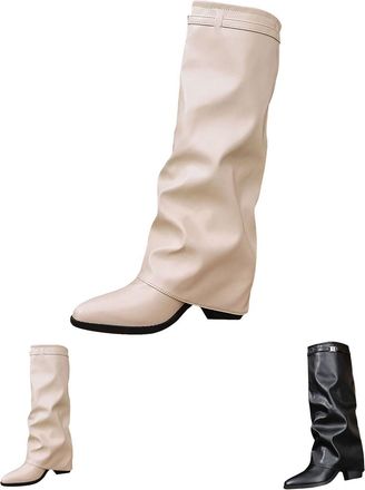 Generic Womens Stylish Walking Boots Womens Pointed Toe Boots Pleated Pu Boot Sexy Knee High Boot Chunky Low Block Booties Autumn Winter Bootie Comfy Mid Heel