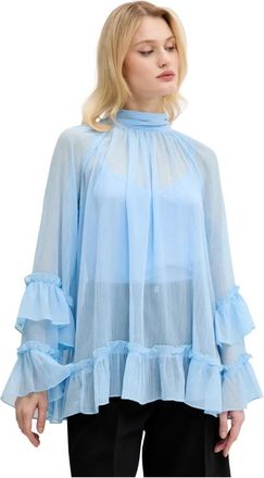 Never Fully Dressed Blouse met hoge hals en ruches - Dames - Blouses - Blauw - L - Polyester - Overhemden