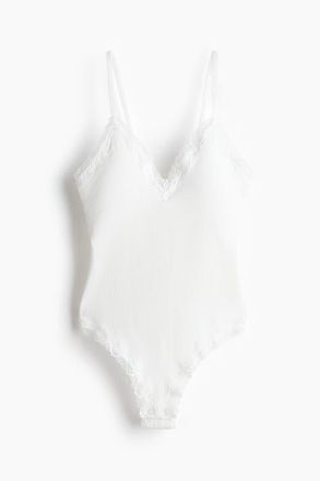 H&M Seamless Lace-trimmed Body in White at Nordstrom, Size X-Small