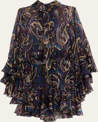 Etro Ruffle Paisley Chiffon Backless Mini Dress