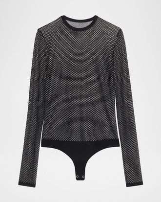 Michael Kors Long-Sleeve Crystal Mesh Crewneck Bodysuit