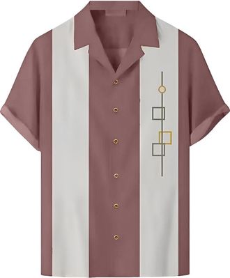 Generic Mens Vintage Bowling Shirt 1950s Retro Rockabilly Style Short Sleeve Button Down Music Hawaiian Shirts Bowling Shirt Retro Print Hawaiian Shirts Short