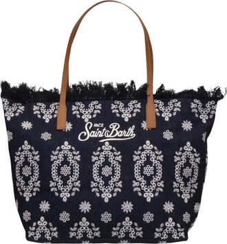 Saint Barth Tote Bags, female, Black, Size: ONE SIZE Medium City Bag with Fringe and Sangallo Lace