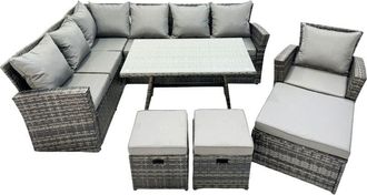 Fimous 10 Seat Rattan High Back Corner Sofa Set Patio Dining Table Set with 3 Footstool Dark Grey Mixed - Fimous