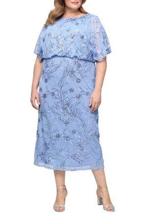 S.L. Fashions Sequin Blouson Midi Dress in Blue at Nordstrom, Size 16W