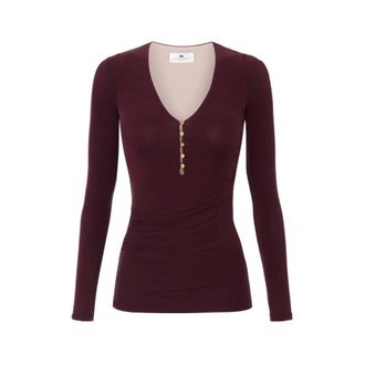 Elisabetta Franchi Tops, Dames, Rood, M, Geribbelde Cupro Top met Knopen