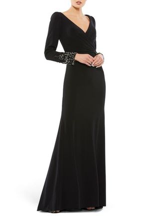 Mac Duggal Beaded Cuff Long Sleeve Wrap Over Trumpet Gown in Black at Nordstrom, Size 10