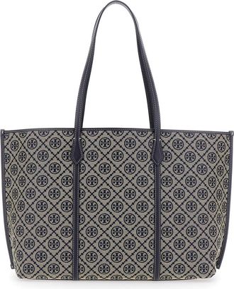 Tory Burch Womens Tote Bag Perry T Monogram Blue Cotton