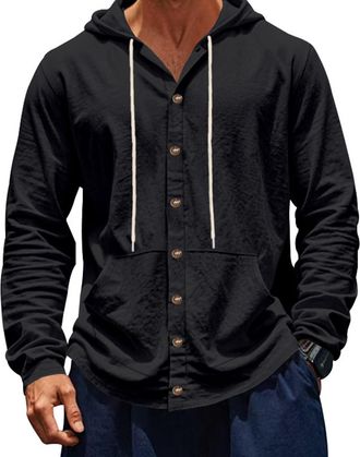 Generic Mens Hooded Cardigan - Button Down Casual Long Sleeve Hoodie with Pocket for Daily Wear (Black, 2XL)