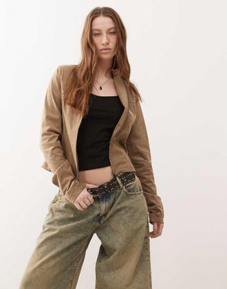 Motel mandy faux suede moto jacket in walnut-Brown