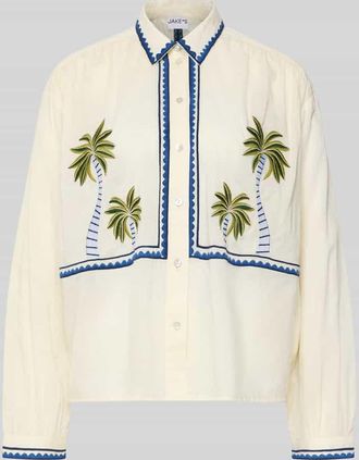 Jake*s Casual Regular Fit Hemdbluse mit floralem Stitching in Beige, Gr&ouml;&szlig;e 34