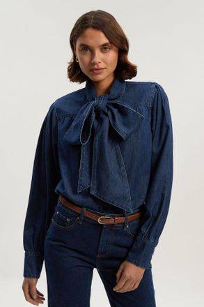 Karen Millen Womens Denim Pussybow Blouse - Dark Blue Cotton - Size 10 UK