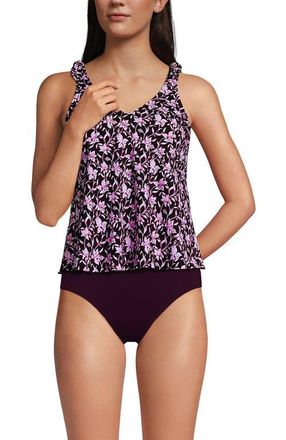 Lands End D-Cup Chlorine Resistant V-neck Shoulder Tie Flutter Tankini Swimsuit Top in Tropic Floral Ditsy/dark Wine at Nordstrom, Size 12