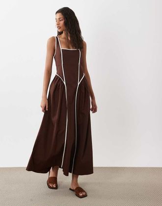 Asos Vestito midi color cioccolato con scollo squadrato, bustino modellato e profili a contrasto-Marrone