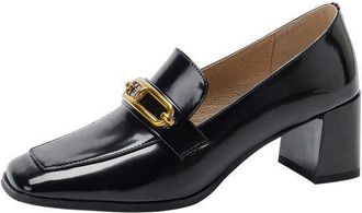 TinaCus Womens Square Toe Genuine Leather Handmade Chain Decorated Mid Chunky Heel Dress Office Loafers Shoes, Black, 7 UK