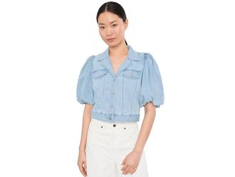 Liverpool L.A. Puff Sleeve Cropped Denim Trucker Jacket Womens Jacket Marine Sea : MD, Cotton/Denim/Polyester