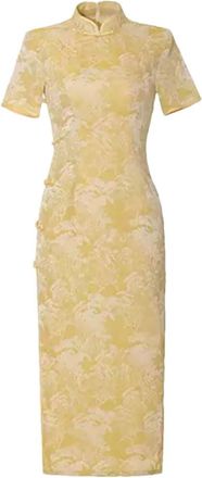 Generic Womens Cheongsam Short Sleeves Slim Fit Mandarin Collar Chinese Style Dresses Yellow XXL