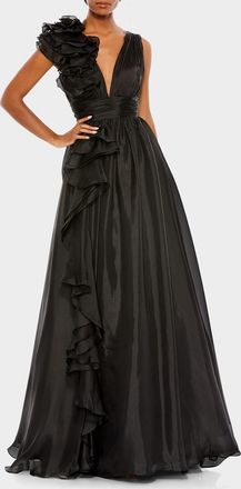Mac Duggal Ruffle Deep V-Neck Chiffon Gown