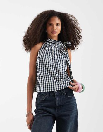 Neon Rose Top a maniche corte blu e giallo a quadri con fiocco