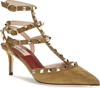 Valentino Garavani Womens Rockstud Suede Pumps Havana Beige High Heel Shoes